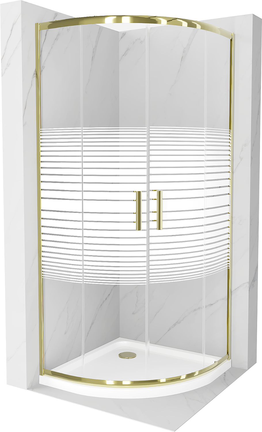 Cabina de duș Mexen Rio semi-rotundă 80 x 80 cm, linii, aur + cadă Flat, alb - 863-080-080-50-20-4110G